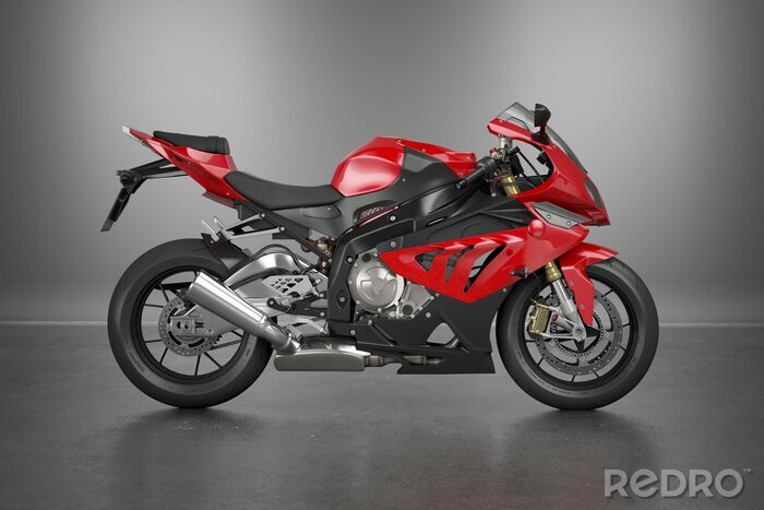 Fotobehang Een krachtige motorfiets met rode accenten op een grijze achtergrond