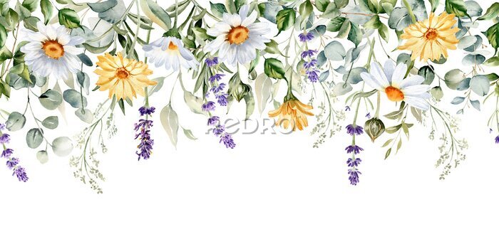 Fotobehang Een krans van madeliefjes en wilde bloemen