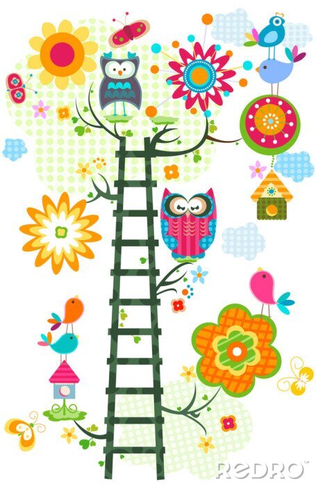 Fotobehang Een ladder omgeven door vrolijke veelkleurige motieven