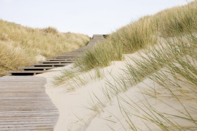 Fotobehang Een lange houten loopbrug door de duinen