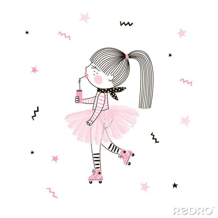 Fotobehang Een meisje in een tule jurk op rolschaatsen