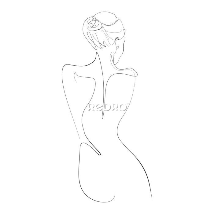Fotobehang Een minimalistisch silhouet van een achterstevoren staande vrouw, getekend met één lijn.