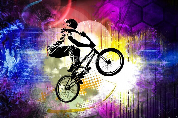 Fotobehang Een moderne illustratie van een jonge wielrenner die springt