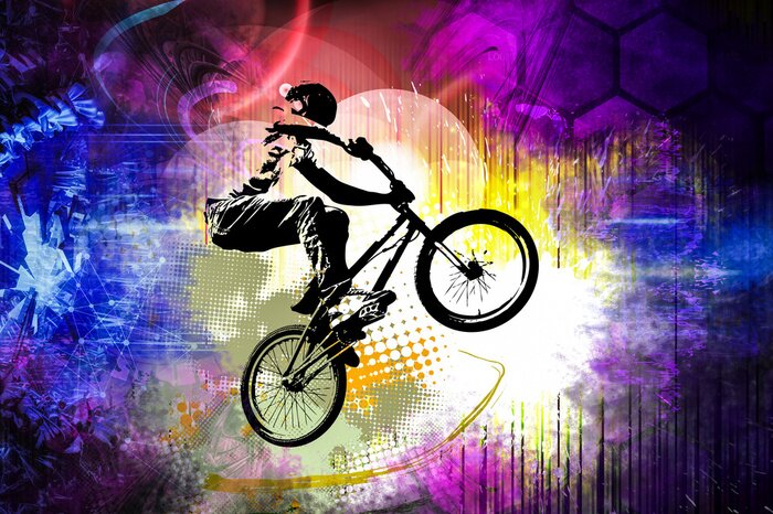 Fotobehang Een moderne illustratie van een jonge wielrenner die springt