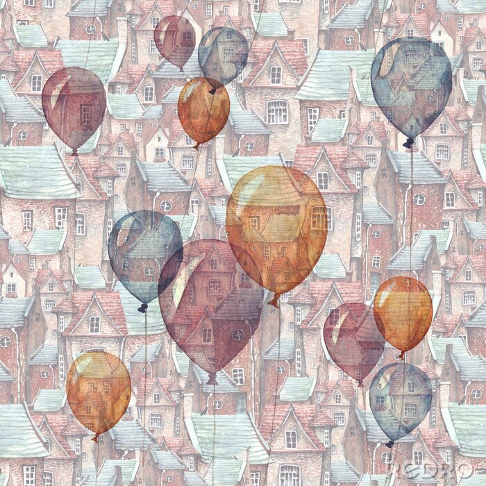 Fotobehang Een naadloos patroon met een aquarel illustratie van ballonnen en een oude stad op de achtergrond. Daken, Europese stenen huizen en vliegende ballonnen - romantisch sprookje.