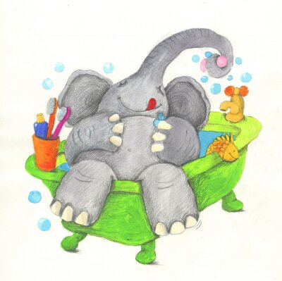 Een olifant die in een badkuip baadt