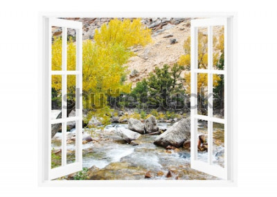 Fotobehang Een open raam met prachtige natuur op de achtergrond