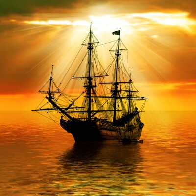 Fotobehang Een piratenschip bij zonsondergang