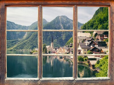 Fotobehang Een raam met uitzicht op Hallstatt