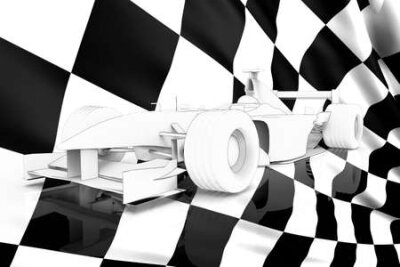 Fotobehang Een raceauto met een vlag op de achtergrond