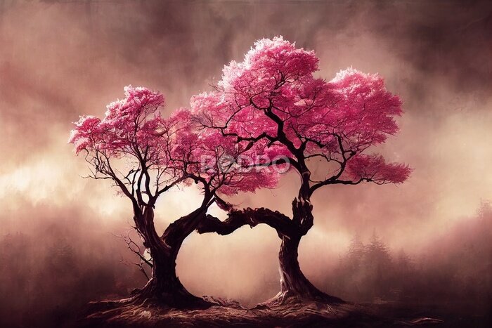Fotobehang Een roze boom in een fantastisch bos