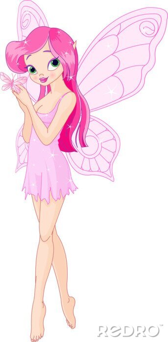 Fotobehang Een roze fee die een vlinder in haar handen houdt