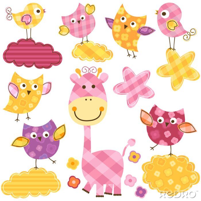 Fotobehang Een roze giraf tussen wolken en vogels