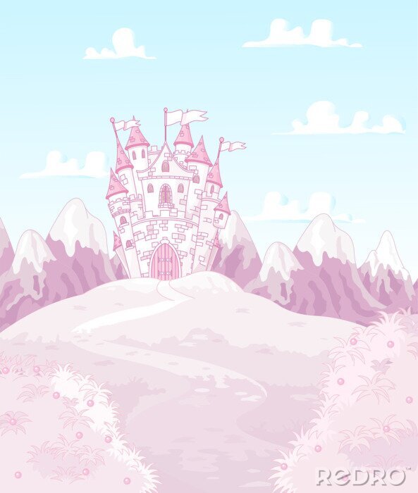 Fotobehang Een roze kasteel in roze bergen