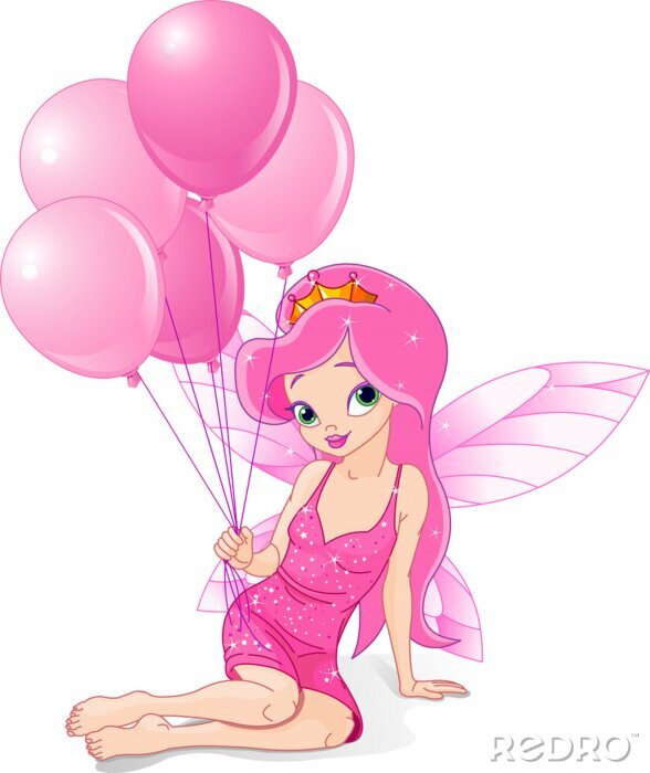 Fotobehang Een rozeharige fee die ballonnen in haar hand houdt