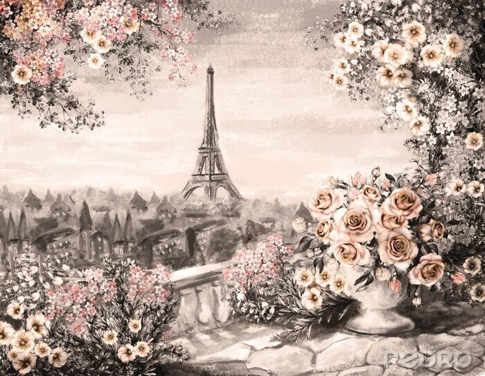 Fotobehang Een rozenboeket op een terras in Parijs