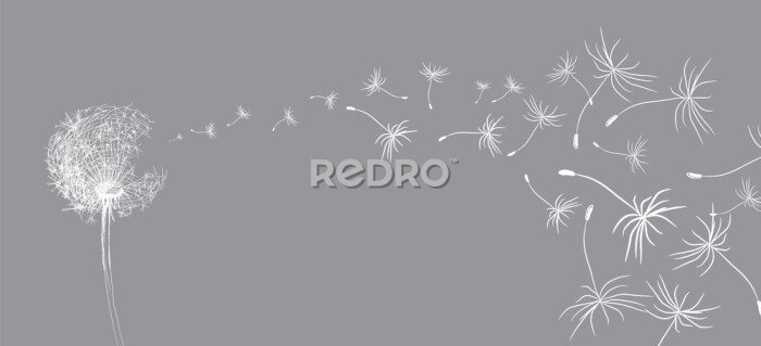 Fotobehang Een schets van een paardenbloem met wegvliegende zaden