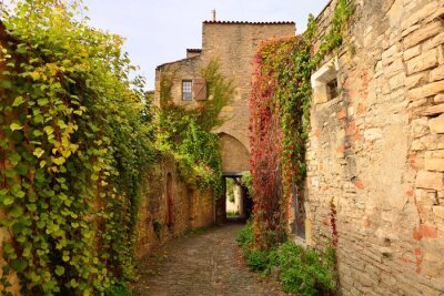 Fotobehang Een smalle straat in Cordes sur Ciel, een kleine middeleeuwse stad op ah