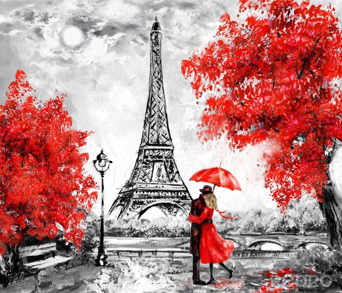Fotobehang Een stel onder een paraplu met de Eiffeltoren op de achtergrond.