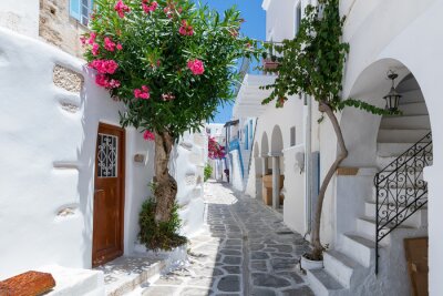 Fotobehang Een straat tussen witte huizen op Santorini