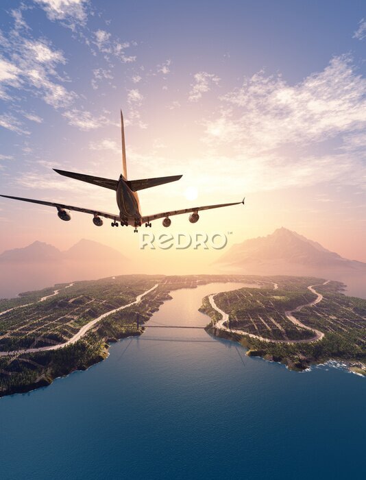 Fotobehang Een vliegtuig dat over het eiland vliegt