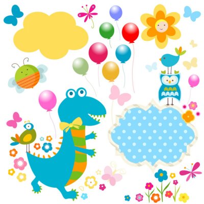 Een vrolijke blauwe dinosaurus tussen regenboogafbeeldingen