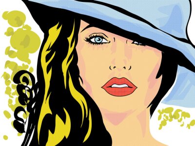 Fotobehang Een vrouw met een hoed in een stripboekillustratie