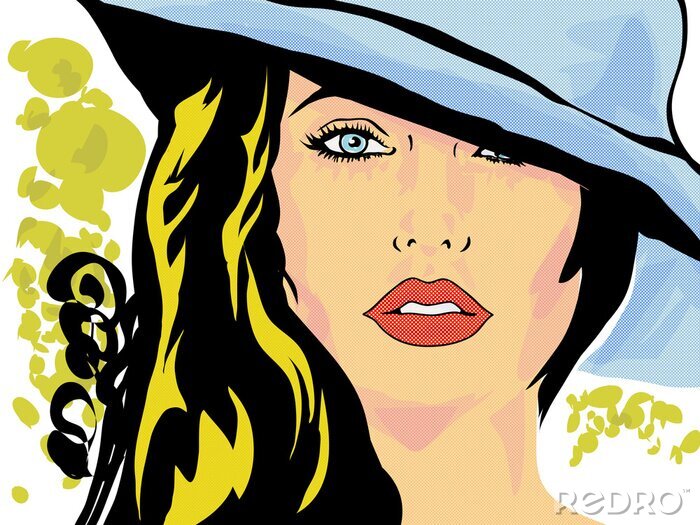 Fotobehang Een vrouw met een hoed in een stripboekillustratie
