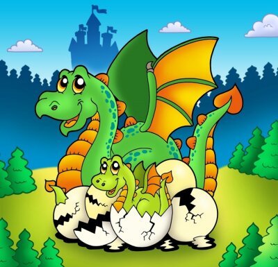 Een vrouwelijke draak en een babydraak die uit een ei komen