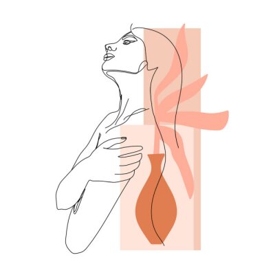 Fotobehang Een vrouwenlichaam getekend in één lijn met abstracte vormen.