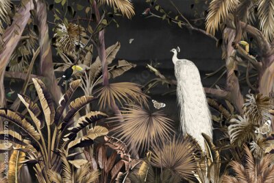 Fotobehang Een witte pauw tussen tropische planten in de jungle