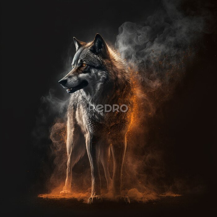 Fotobehang Een wolf in een rookwolk op een zwarte achtergrond