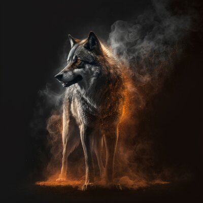 Fotobehang Een wolf in een rookwolk op een zwarte achtergrond