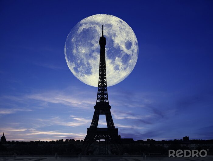 Fotobehang Eiffeltoren en de maan 's nachts