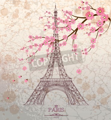 Fotobehang Eiffeltoren en kersenbloesem