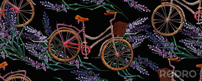 Fotobehang Embroidery lavender flowers and bicycle horizontal seamless pattern. Summer and spring floral art. Lifestyle concept. Fashion template for clothes, t-shirt design