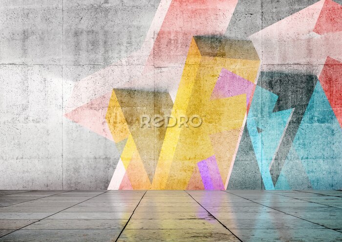 Fotobehang Empty room with colorful geometric graffiti, 3d