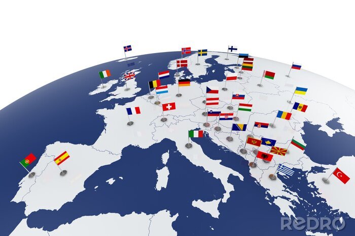 Fotobehang Europese kaart met vlaggen