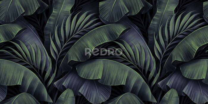 Fotobehang Exotisch tropisch patroon met bananen- en palmbladeren