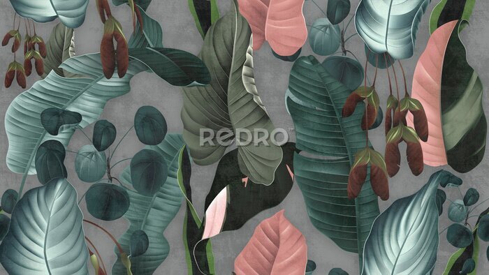 Fotobehang Exotische 3D bladeren op betonnen achtergrond in grijstinten