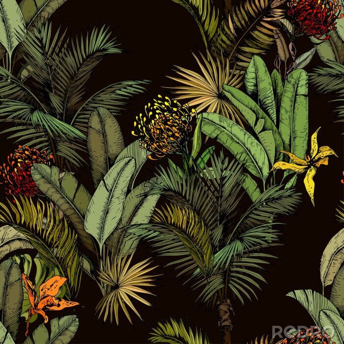 Fotobehang Exotische bloemen onder tropische bladeren op zwarte achtergrond