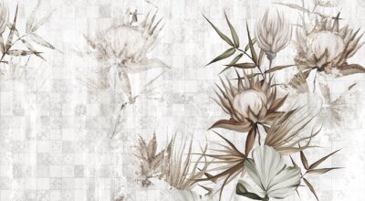 Exotische bloemen tegen een achtergrond van subtiele ornamenten