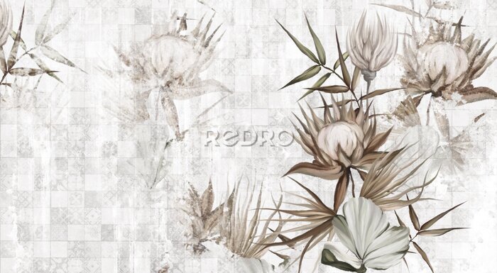 Fotobehang Exotische bloemen tegen een achtergrond van subtiele ornamenten