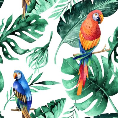 Fotobehang Exotische papegaaien op de bladeren