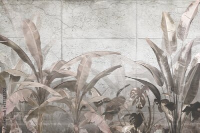 Fotobehang Exotische planten tegen de achtergrond van betonplaten