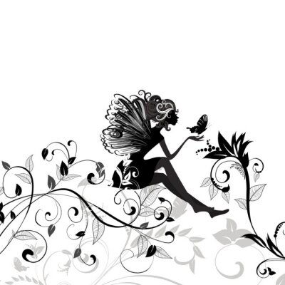 Fairy zittend op planten zwart-wit afbeeldingen