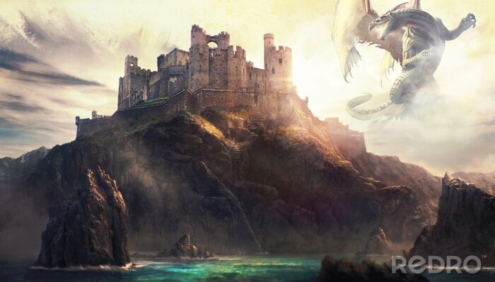Fotobehang Fantasie draak op een kasteel