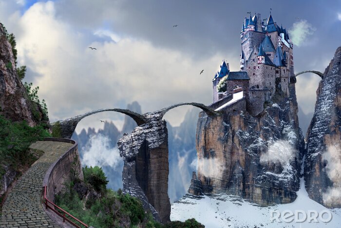 Fotobehang Fantasie kasteel op de rotsen
