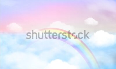 Fotobehang fantasie magisch landschap regenboog aan de hemel abstract groot volume textuur pluizige wolken schijnen close-up uitzicht recht, watten, roze paars pastelkleuren zon fantastische achtergrond
