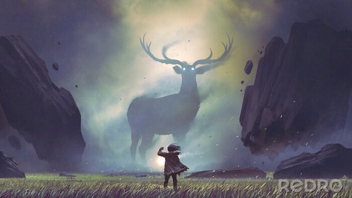 Fotobehang Fantasie van meisje op het veld en een hert
